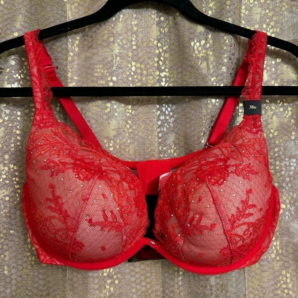 Victorias Secret 2000s Red Lace Rhinestone Push‎ Up Bra NWT 38D